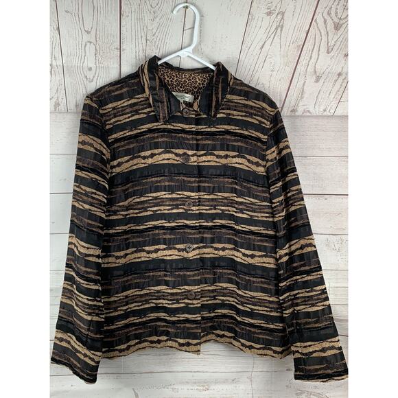 Coldwater Creek Jacket Womens 16 Black Brown Animal Print Button Down‎ Front - Picture 1 of 5